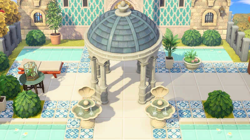 青い家具とタイル系マイデザインでコーディネートしたテラス風あつ森島クリエイト