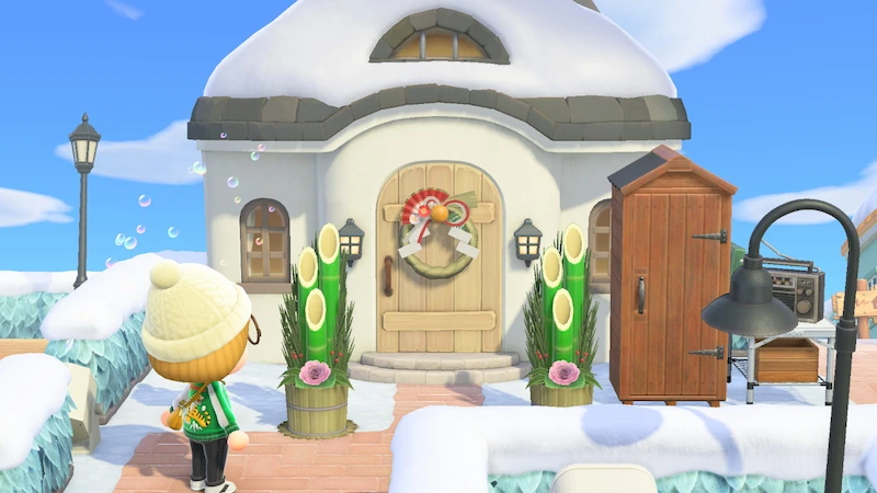 あつ森のお正月、門松としめ飾りを飾った家の外観