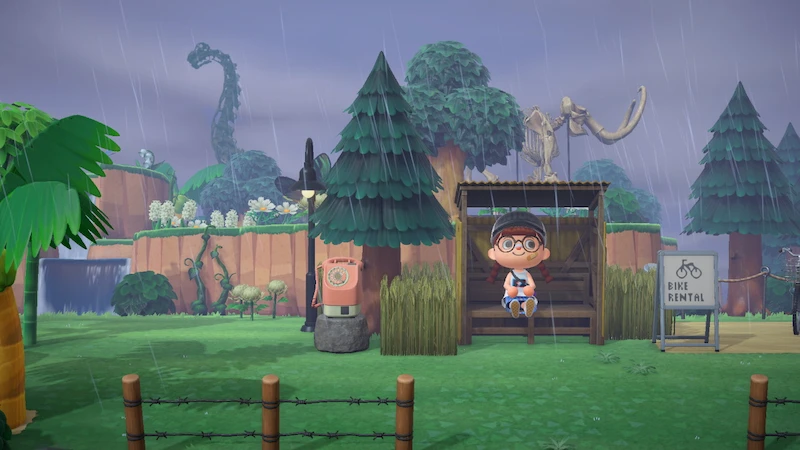 あつ森の島、雨のバス停